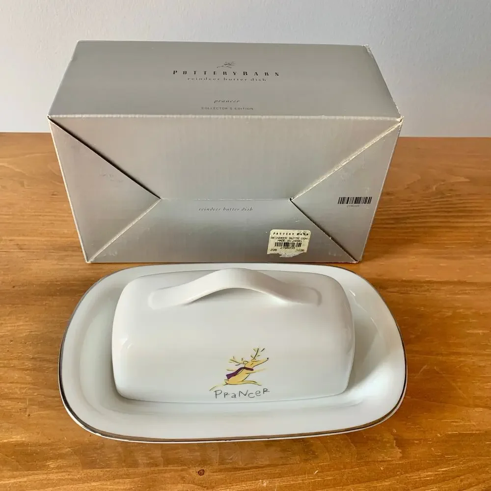 Pottery Barn Reindeer Prancer Butter Dish Serving Buffet Christmas Porcelain EUC